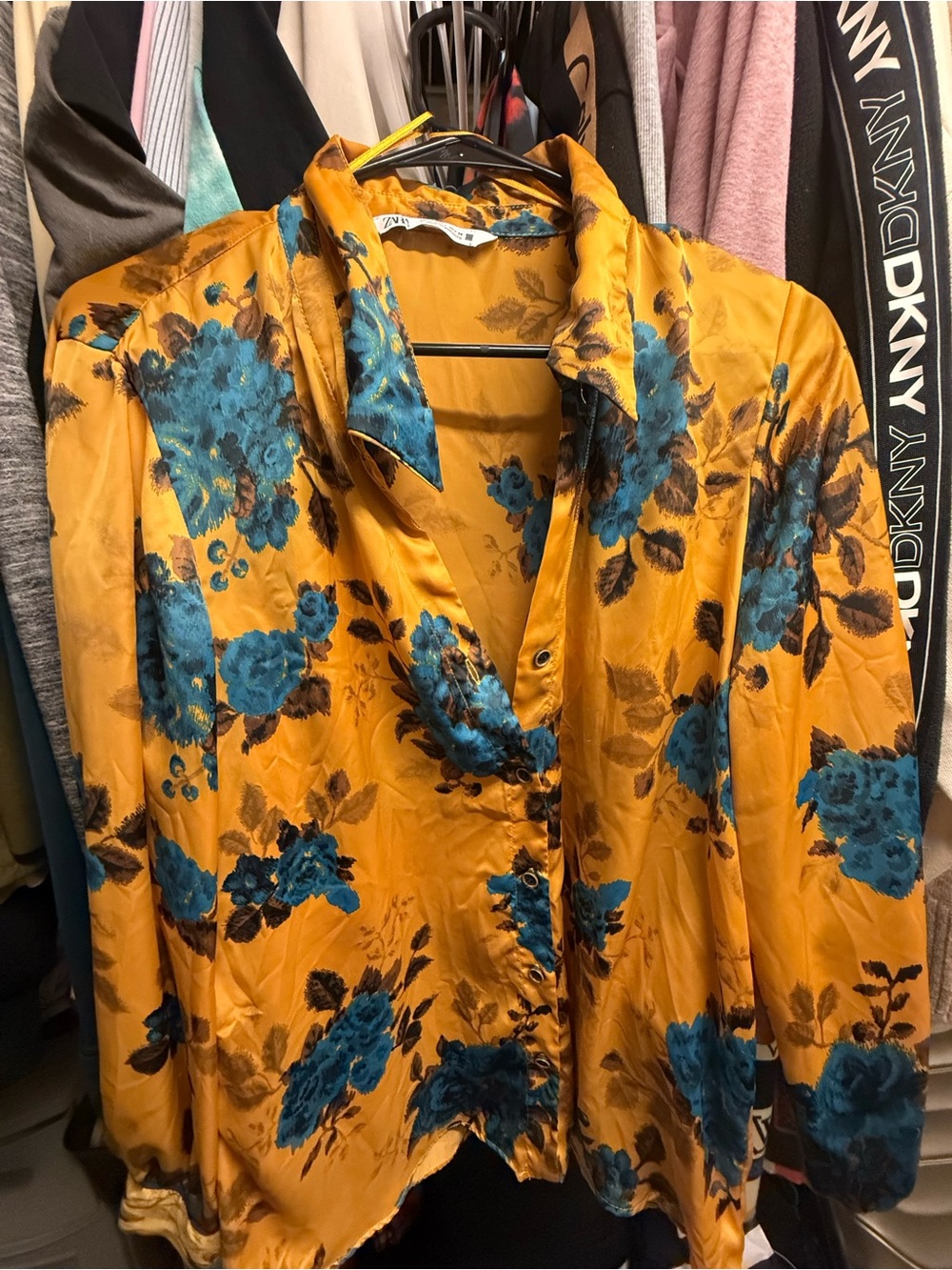 Zara Silky Mustard Floral Button-Up Top - Blue Floral Print